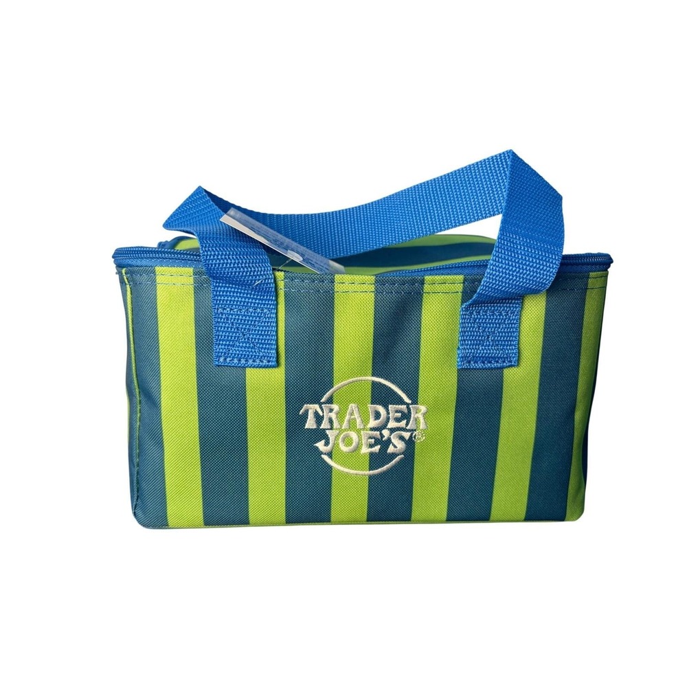 Trader Joe's Mini Insulated Bag Blue Green Striped Cooler Embroidered NWT